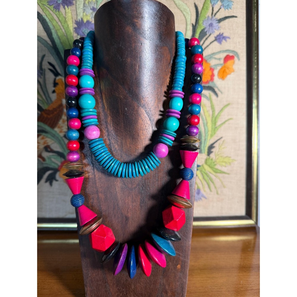 Vintage Wood 80s Vibe Statement Beaded Necklaces - Lot of 2